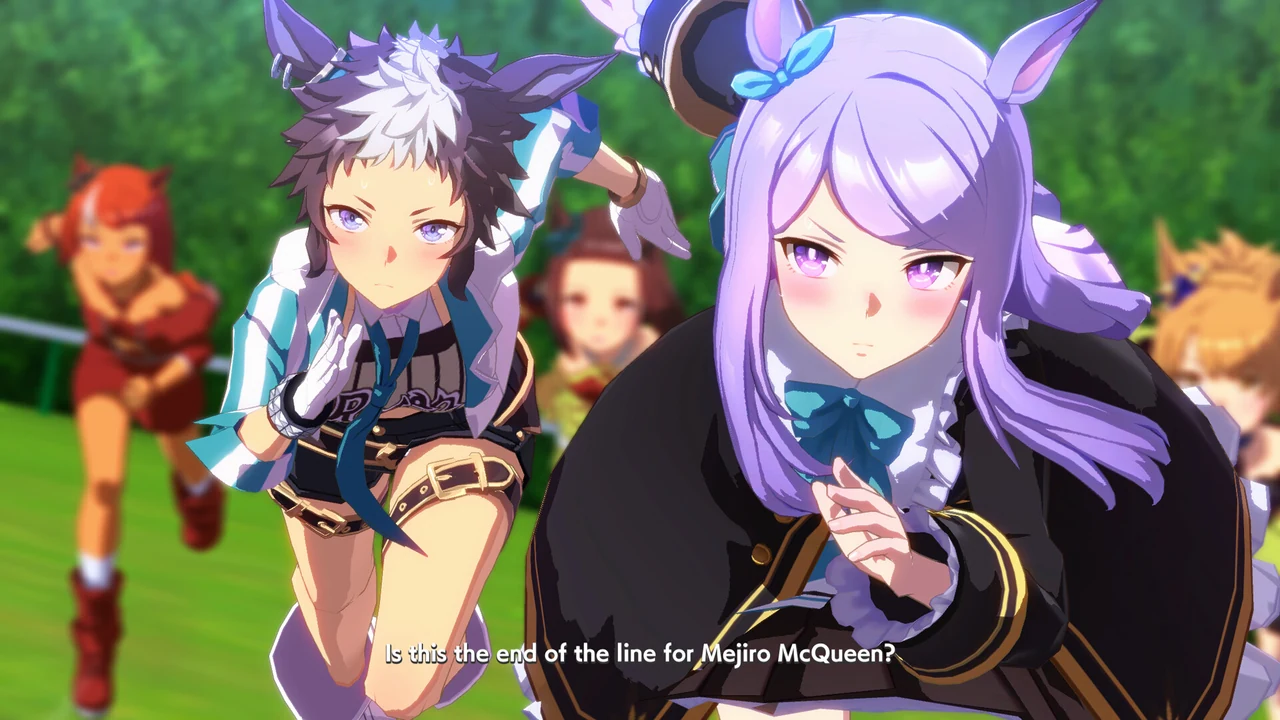 Umamusume runners competing together on a green racetrack
